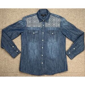 Faction‎ USA Men's Aztec Pattern Snap Button Long Sleeve Denim Shirt Size Large